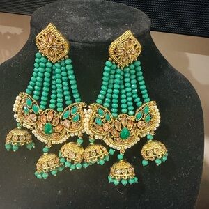 Green and Gold Beaded Jhumka Earrings - Elegant Women's Jewelry
